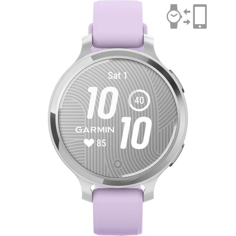 Ceas Garmin Lily 2 Active, display AMOLED, dimensiune afisaj 25,4 mm x 21,3 mm, rezolutie afisaj 240 x 201 pixeli, memorie 8GB, autonomie pana la 9 zile, rezistanta la apa pana la 5 ATM, greutate: 24,4g, ramă Argintiu, şi curea Purple Jasmine din silicon