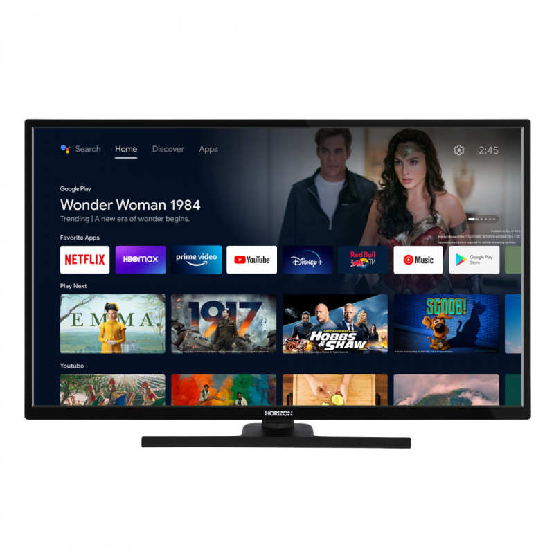 LED TV HORIZON HD-ANDROID 32HL7390H/C, 32 D-LED, HD (720p), HDR10 / HLG, Digital TV-Tuner DVB-S2/T2/C, CME 200Hz, Android TV 11.0 (Chromecast built-in) +GoogleAssistant +BT4.0, 1xLAN (RJ45), DLNA 1.5, Contrast 5000:1, 300 cd/m2, 1xCI+, 3xHDMI, 2xUSB, VESA