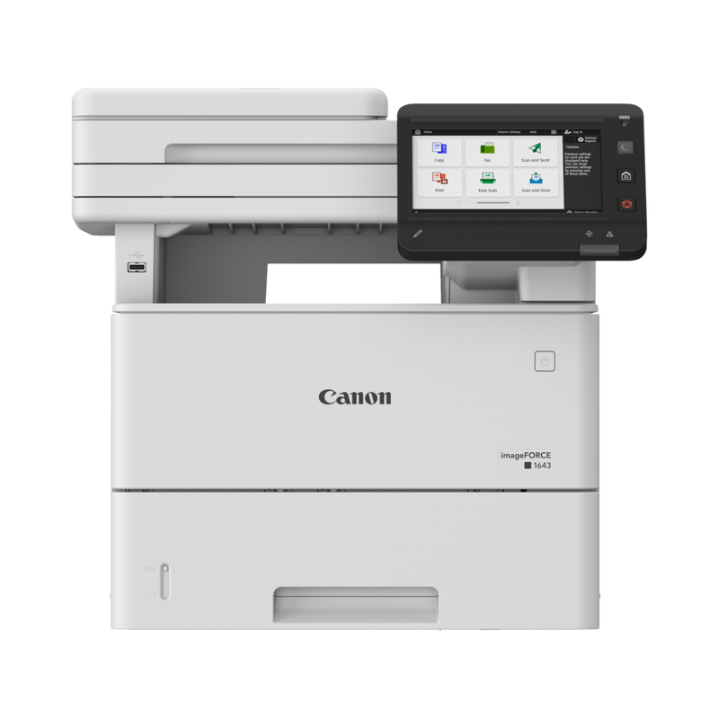 CANON IMAGEFORCE 1643 MONO LASER MFP, Format A4, Functii: Print, Copy, Scan, Send, Viteza printare: 43ppm, Rezolutie: 1200x1200dpi, Limbaje printare: UFR II, PCL6, PCL5*, Adobe® PostScript®3TM, Duplex automat, Copiere: 43ppm, FPO. 6.3 sec., Rezolutie: 600