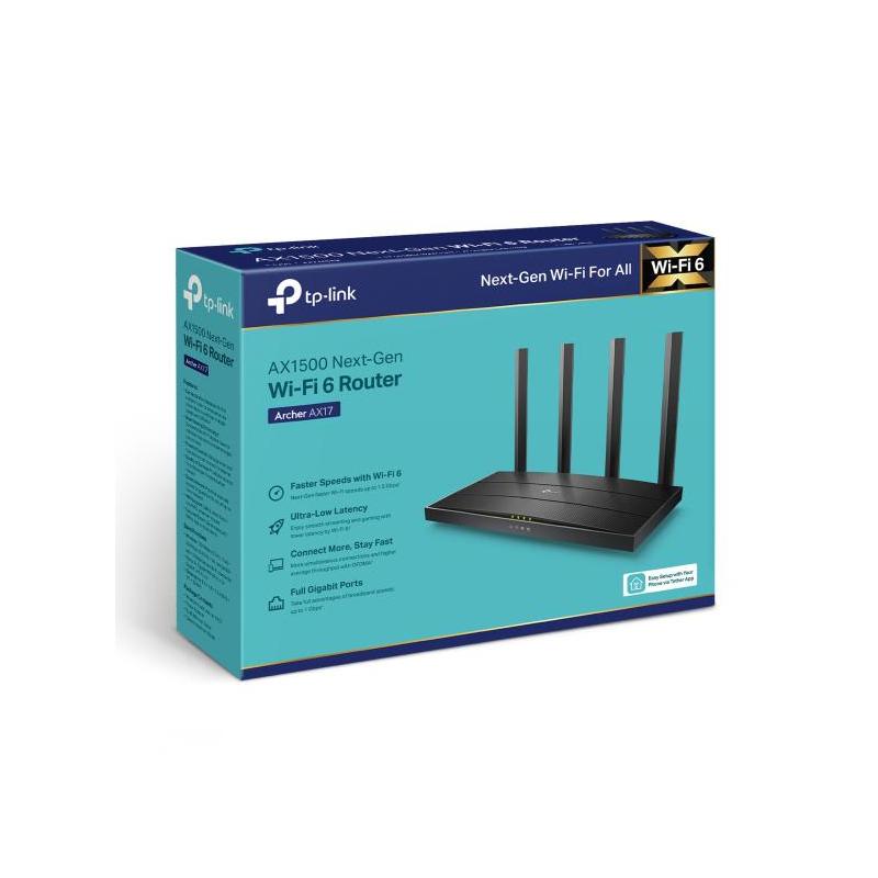 TP-Link Router Gigabit Dual-Band Wi-Fi 6 AX1500 ARCHER AX17, Standarde wireless: IEEE 802.11ax/ac/n/a 5 GHz, IEEE 802.11n/b/g 2.4 GHz, Viteza: 5 GHz: 1201 Mbps, 2.4 GHz: 300 Mbps, 4 antene fixe, Interfata: 1× port WAN Gigabit, 3× porturi LAN Gigabit, dime
