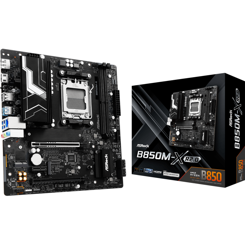 Asrock B850M-X R2.0. Processor manufacturer: AMD, Processor socket: Socket AM5, Compatible processor series: AMD Ryzen 7000 Series, AMD Ryzen 8000 Series, AMD Ryzen 9000 Series. Supported memory types: DDR5-SDRAM, Maximum internal memory: 128 GB, Memory s