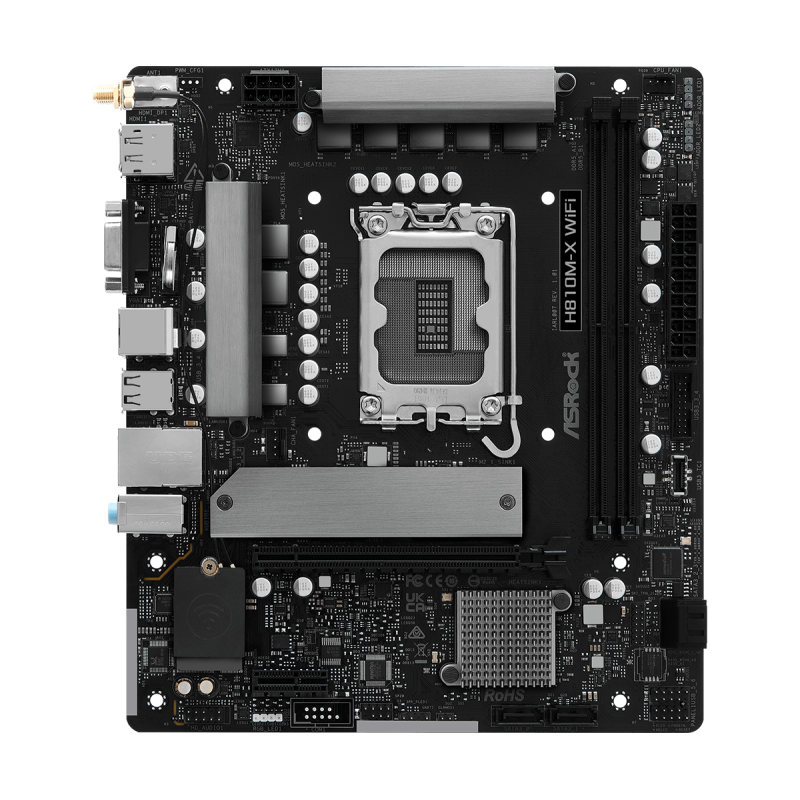 Asrock H810M-X WiFi. Processor manufacturer: Intel, Processor socket: LGA 1851 (Socket V1), Compatible processor series: Intel Core Ultra (Series 2). Supported memory types: DDR5-SDRAM, Maximum internal memory: 128 GB, Memory slots type: DIMM. Supported s
