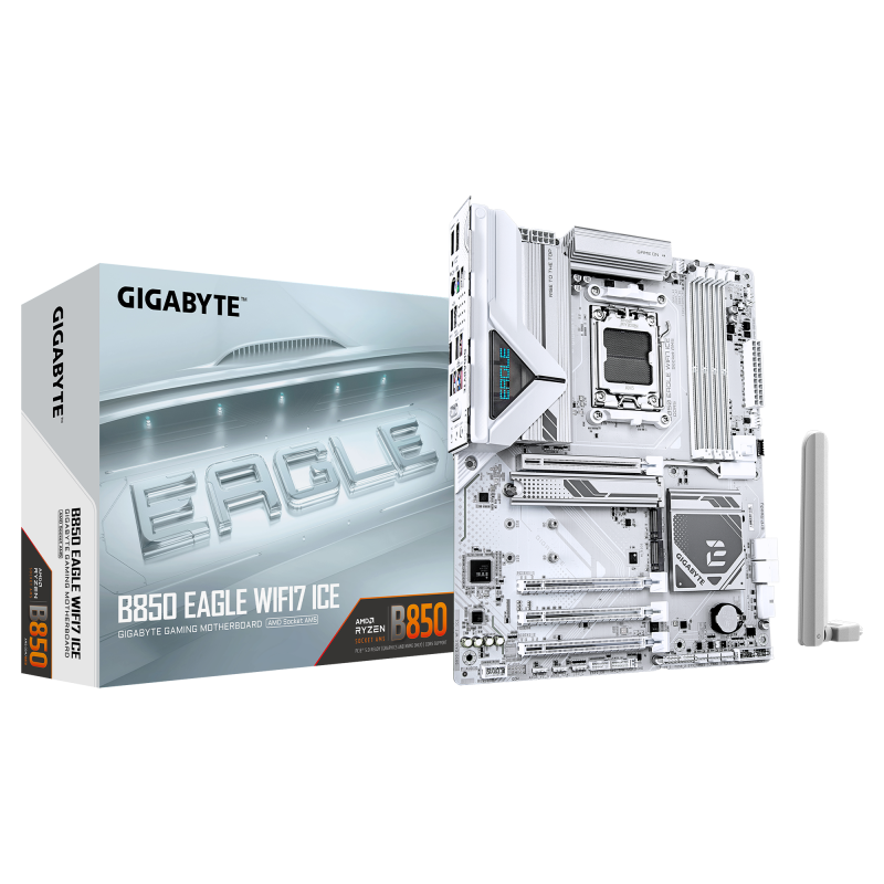 Placa de Baza GIGABYTE B850 EAGLE WIFI7 ICE AM5, 4x DDR5, 1x DP 1x HDMI, 1x PCIE 5.0 x16 1x PCIE 4.0 x16 2x PCIE 3.0 x16, 3x M.2, 4x SATA 6GB/s, ATX