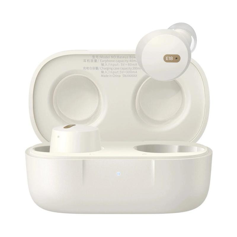 Baseus Bowie E18. Product type: Headset. Connectivity technology: True Wireless Stereo (TWS), Bluetooth. Recommended usage: Calls/Music. Headphone frequency: 20 - 20000 Hz. Wireless range: 10 m. Product colour: White