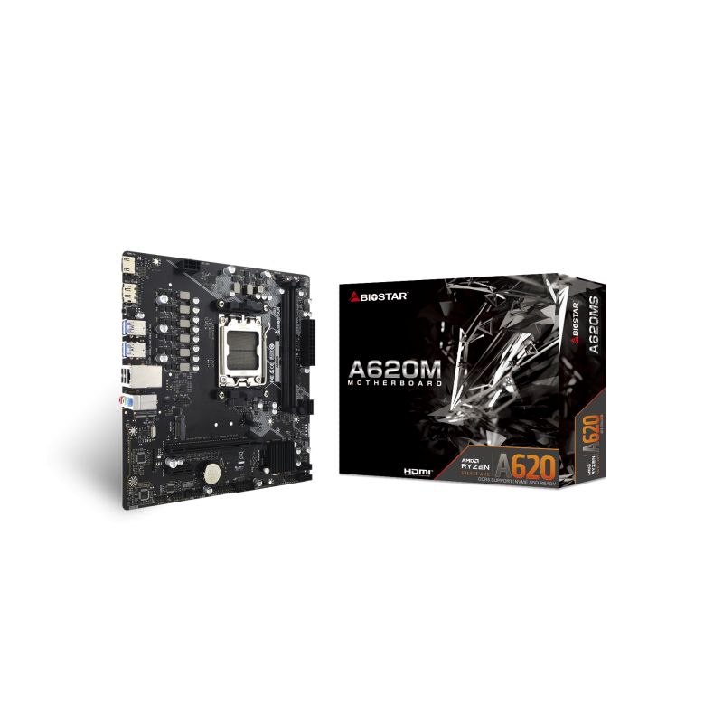 Biostar A620MS. Processor manufacturer: AMD, Processor socket: Socket AM5, Compatible processor series: AMD Ryzen 7000 Series, AMD Ryzen 8000 Series, AMD Ryzen 9000 Series. Supported memory types: DDR5-SDRAM, Maximum internal memory: 128 GB, Memory slots 