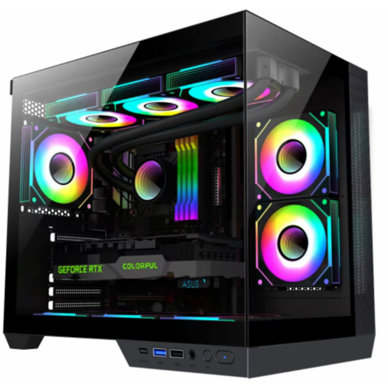 Carcasa gaming Serioux Shadow, fara sursa, tip  middle tower, USB2.0x+HD Audio, USB3.0, porturi rezervate pentru ventialtor: MN 2x120mm ventilatoare ARGB (incluse), spate:1x120mm ventilator RGB (inclus), sus 3x120mm/2x140mm, controler 4 porturi, drive bay