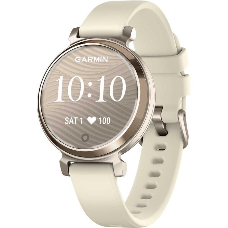 Ceas Garmin Lily 2, display AMOLED, dimensiune afisaj 35.4 mm, rezolutie afisaj 240 x 201 pixeli, memorie 8GB, autonomie pana la 5 zile, rezistanta la apa pana la 5 ATM, greutate: 24,4g, ramăCrem auriu, curea cafenie din material textil