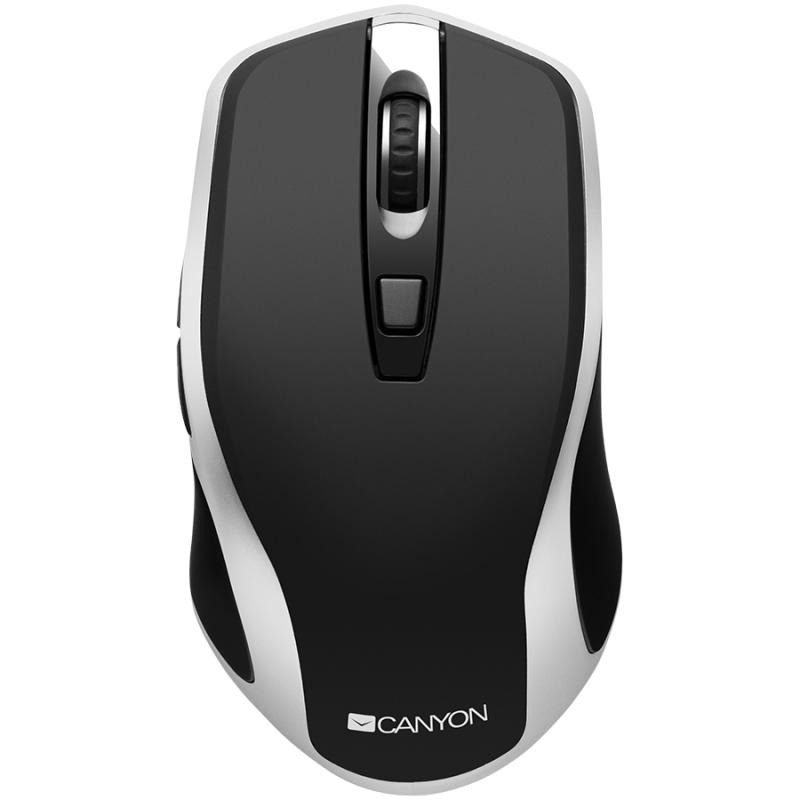 CANYON MW-19, 2.4GHz Wireless Rechargeable Mouse with Pixart sensor, 6keys, Silent switch for right/left keys,Add NTCDPI: 800/1200/1600, Max. usage 50 hours for one time full charged, 300mAh Li-poly battery, Black -Silver, cable length 0.6m, 121*70*39mm, 