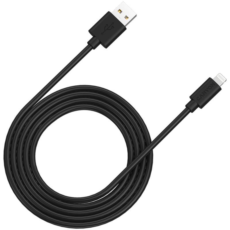 CANYON MFI C48 Lightning USB Cable for Apple (C48), round, PVC, 2M, OD:4.0mm, Power+signal wire: 21AWG*2C+28AWG*2C,  Data transfer speed:26MB/s, Black.  With shield , with CANYON logo and CANYON package.  Certification: ROHS, MFI.