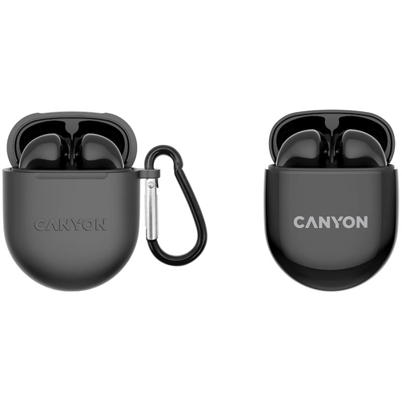 CANYON TWS-6, Bluetooth headset, with microphone, BT V5.3 JL 6976D4, Frequence Response:20Hz-20kHz, battery EarBud 30mAh*2+Charging Case 400mAh, type-C cable length 0.24m, Size: 64*48*26mm, 0.040kg, Black