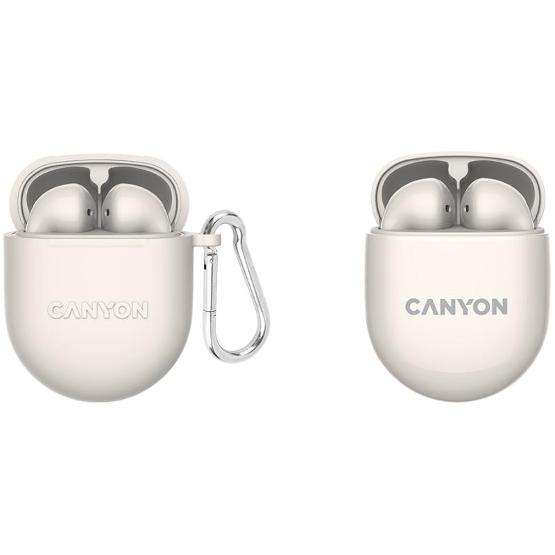 CANYON TWS-6, Bluetooth headset, with microphone, BT V5.3 JL 6976D4, Frequence Response:20Hz-20kHz, battery EarBud 30mAh*2+Charging Case 400mAh, type-C cable length 0.24m, Size: 64*48*26mm, 0.040kg, Beige