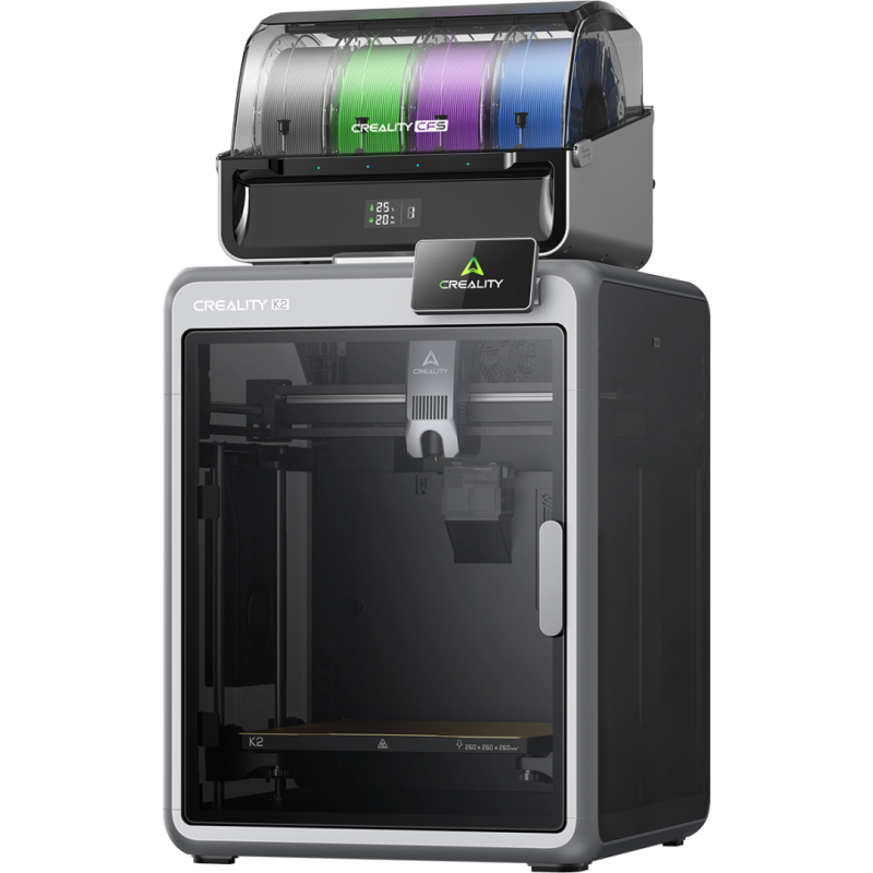 CREALITY K2 COMBO FDM 3D PRINTER, include un sistem CFS multi-color, suporta pana la 4 sisteme CFS - 16 culori, Tehnologie: FDM, Volum printare: 260 × 260 × 260 mm, 18.3 kg, Viteza printare / accelerare: 600 mm/s, 20000 mm/s², Temperatura duza: 300 °C, Mo