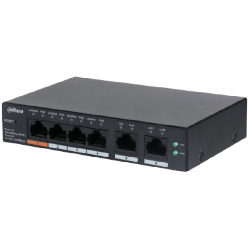 DAHUA 6 port Managed Desktop switch, CS4006-4ET-60, Interfata: Port 1-4: 4 × RJ-45 10/100 Mbps (PoE); Port 5-6: 2 × RJ-45 10/100/1000 Mbps (uplink), Managd, Layer 2, Switching Capacity: 4.8 Gbps, Packet Forwarding Rate, 3.57 Mpps, Standarde retea: IEEE802