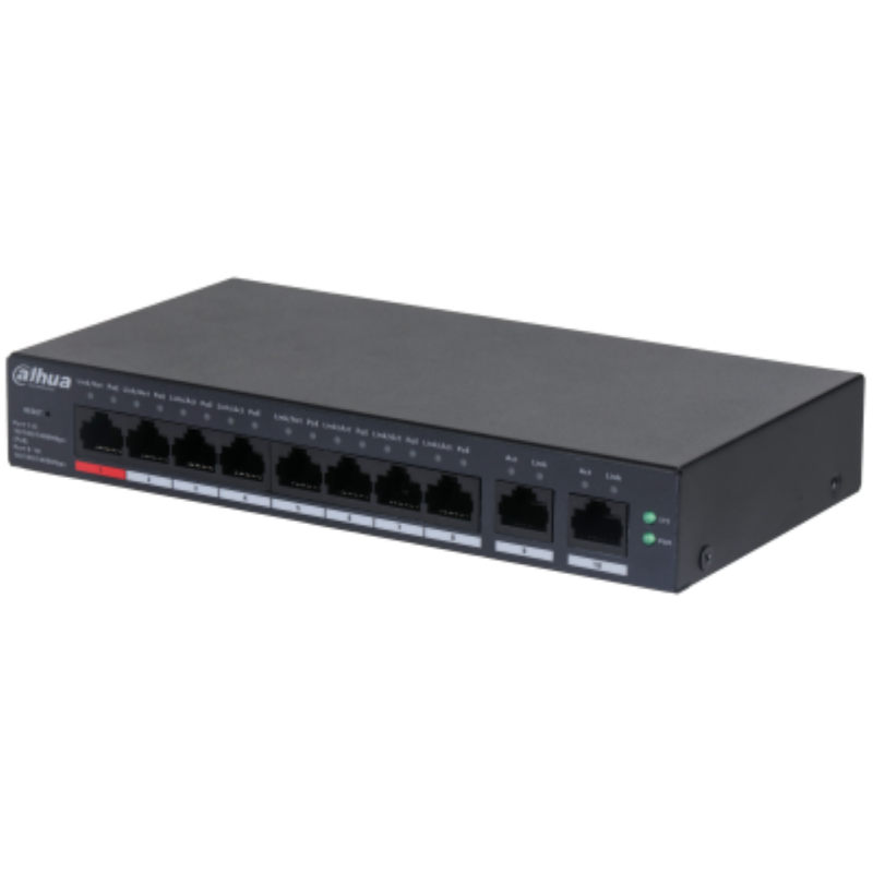 Dahua 10-Port Cloud Managed Desktop Gigabit Switch cu 8-Port PoE, CS4010-8GT-110, Interfata: Port 1-8: 8 × RJ-45 10/100/1000 Mbps (PoE); Port 9-10: 2 × RJ-45 10/100/1000 Mbps（uplink）, Managed, Layer 2, Switching Capacity: 20 Gbps, Packet Forwarding Rate: 