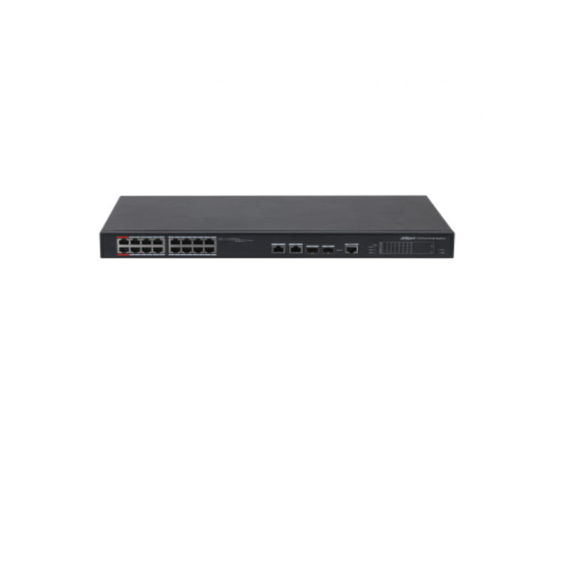 Dahua Managed switch 16 porturi PFS4218-16ET-240, Interfata: 16 x RJ45 - 10/100 Base-T (14 PoE (802.3af/at) + 2 Hi-PoE / PoE (802.3bt) / PoE (802.3af/at)), 2 x port Combo SFP (1000 Base-X) / RJ45 (10/100/1000 Base-T) - Uplink, 1 x RJ45 - Consola, Dimensiu