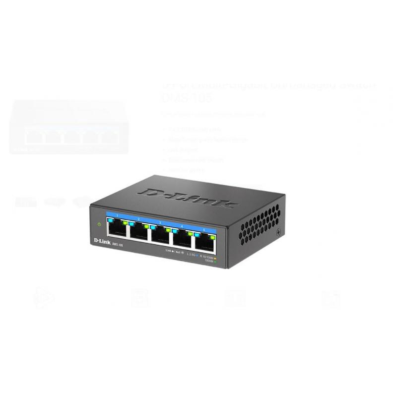 D-LINK DMS-105 UNMANAGED SWITCH 5 PORT, Interfata: 5 x 10/100Mbps/1G/2.5G, Auto MDI/MDIX, CAPACITATE SWITCH: 25gBPS, Packet Forwarding Rate:18.6 Mpps, Dimensiuni 100.5 x 82 x28mm, Greutate: 238.6 g.