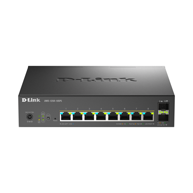 Switch D-Link DMS-1250-10SPL, 8 porturi Gigabit, 2 porturi SFP+, Protocol 802.3bt+802.3af/at, rackabil