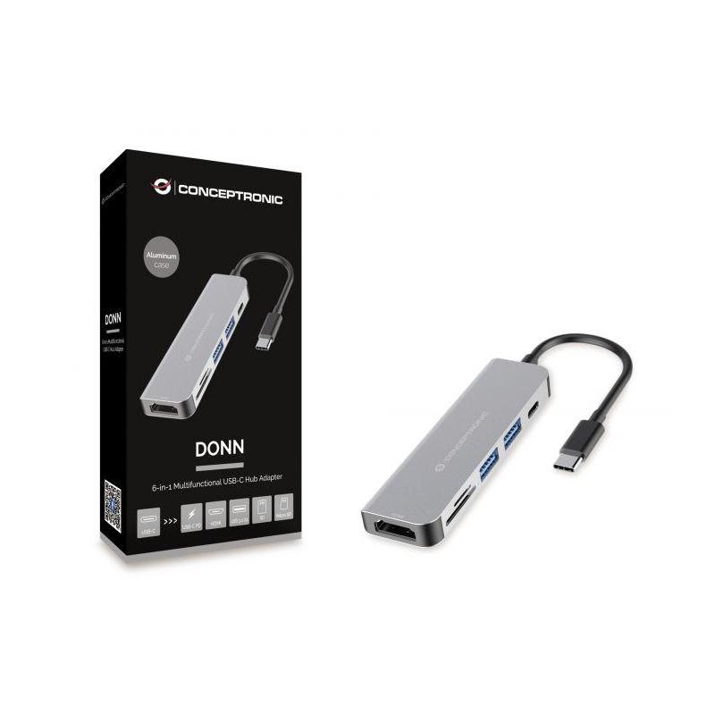 CONCEPTRONIC DONN02G 6-in-1 USB 3.2 Gen 1 Docking Station, USB 3.0 x 2, 60W USB PD, HDTV, SD, TF/MicroSD, 35.8 x 120 x 15 mm
