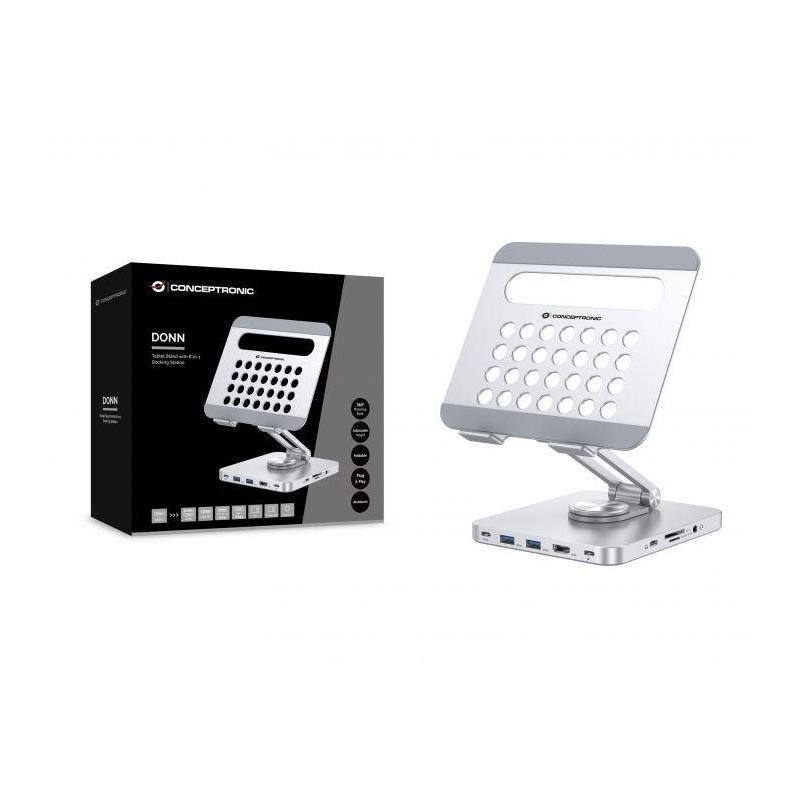 Conceptronic DONN26G Tablet Stand with 8-in-1 USB 3.2 Gen 1 Docking Station, 360° Rotating Base, Foldable, Adjustable Height, 160 x 178 x 45 mm