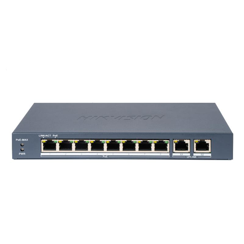 Switch PoE Hikvision DS-3E0310P-E/M(B): 8 × 10/100 Mbps PoE port, and 2 × Gigabit RJ45 port, PoE standard: IEEE 802.3af;IEEE 802.3at, 8 porturi PoE maxim 30W, buget PoE 80W, tensiune alimentare: 54VDC, 1.2A, dimensiuni: 217.60 mm × 27.60 mm × 108.50 mm, g