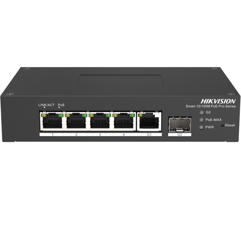 Switch PoE Hikvision DS-3T1306P-SI/HS: 4 × 10/100 Mbps PoE port,1 × Gigabit RJ45 port,1 × Gigabit fiber optical port, PoE: Ports 1 to 4 maxim 30W, buget PoE 60W, tensiune alimentare: 48VDC, 1.36A, dimensiuni: 158.00 mm × 101.20 mm × 31.60 mm, greutate: 1k