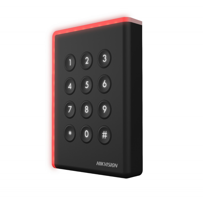 Cititor card cu tastatura Hikvision DS-K1108AEK, citeste carduri EM 125 KHz, distanta citire: ≤ 50 mm, comunicare: RS-485, Wiegand (W26, W34) protocol si OSDP protocol, indicator LED de stare si alimentare, tamper, buzzer, alimentare: 12 VDC, IP65, dimens