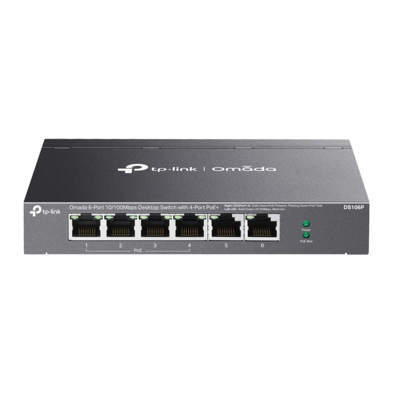Omada 6-Port 10/100 Mbps Desktop Switch with 4-Port PoE+ PORT: 4× 10/100 Mbps PoE+ Ports, 2× 10/100 Mbps Non-PoE Ports SPEC: 802.3at/af, 67 W PoE Power, Desktop Steel Case FEATURE: Extend Mode for 250m PoE Transmitting, Priority Mode for Port1-2, Plug and