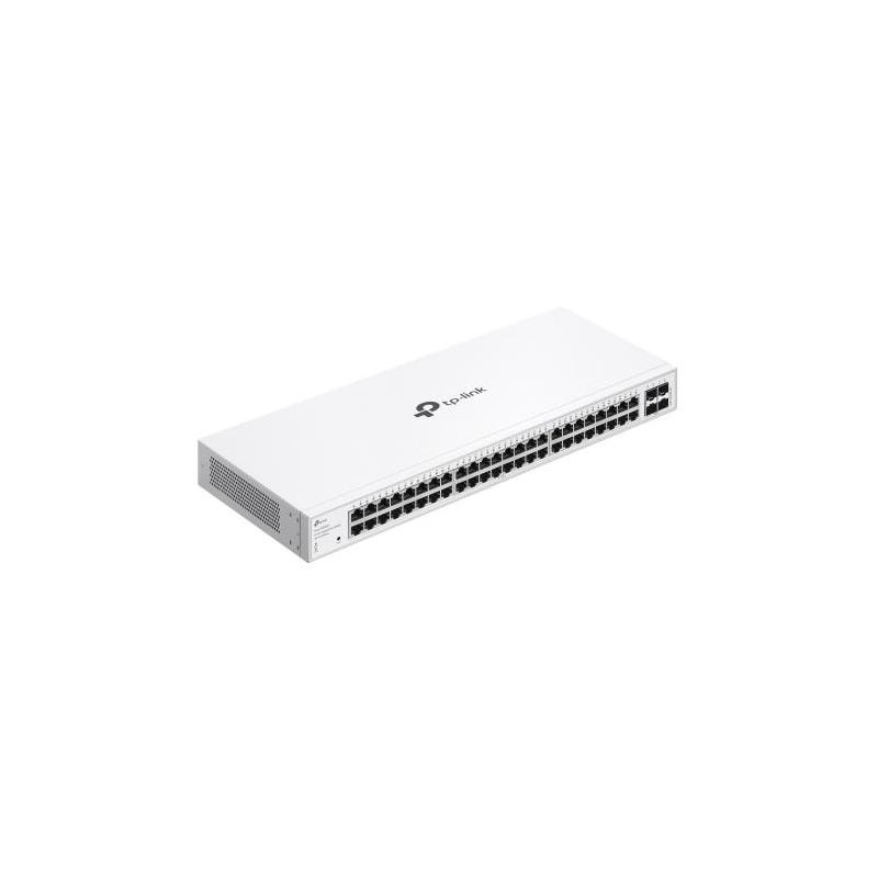 Switch TP-Link cu 48 de porturi, 48× 10/100/1000 Mbps RJ45 Ports (Auto- Negotiation/Auto MDI/MDIX), 4× Gigabit SFP Slots, capacitate switch 104 Gbps, dimensiuni 17.3×8.7×1.7 in (440×220×44 mm)