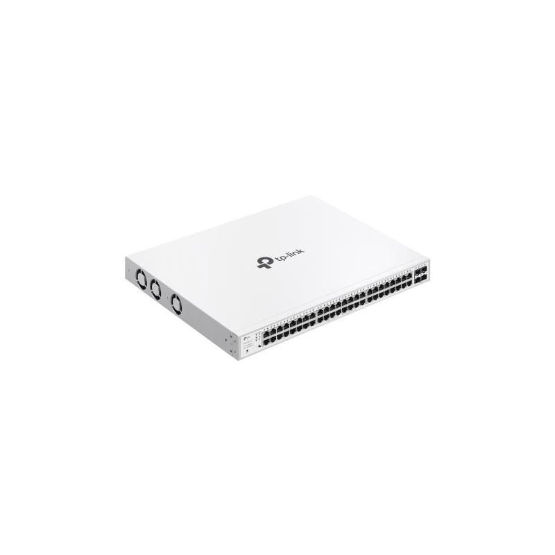 Switch TP-Link cu 52 de porturi, 48× 10/100/1000 Mbps PoE+ RJ45 Ports (Auto Negotiation/Auto MDI/MDIX),4× Gigabit SFP Slots, capacitate switch 104 Gbps, dimensiuni 17.3×13.0×1.7 in (440×330×44 mm)
