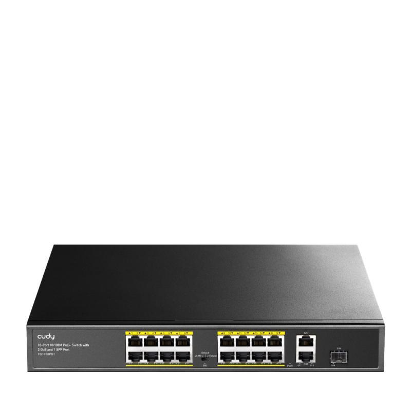 CUDY 16-Port 10/100M PSE RJ-45 +2 Gigabit RJ- 45 +1SFP Port with 16 POE Ports Switch with Built-in power supply, support 16-port IEEE 802.3at PoE+ Injector,Rack-mountable  Steel case, 200W Internal