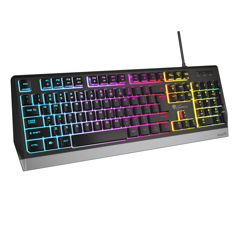 GENESIS Rhod 300 RGB. Keyboard form factor: Full-size (100%). Keyboard style: Straight. Connectivity technology: Wired, Device interface: USB, Keyboard key switch: Membrane, Keyboard layout: QWERTY, Keyboard number of keys: 104. Backlight type: RGB LED. C