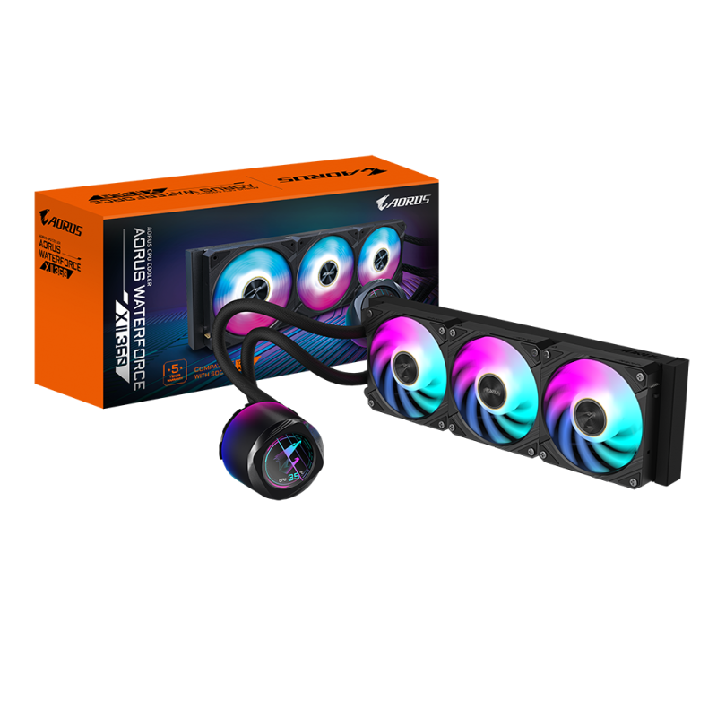 GIGABYTE AORUS WATERFORCE X II 360. Type: All-in-one liquid cooler, Fan diameter: 12 cm, Maximum air pressure: 3.15 mmH2O. Product colour: Black