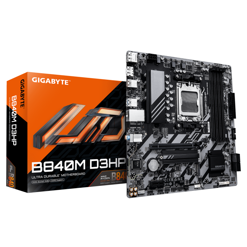 GIGABYTE B840M D3HP. Processor manufacturer: AMD, Processor socket: Socket AM5, Compatible processor series: AMD Ryzen 7000 Series, AMD Ryzen 8000 Series, AMD Ryzen 9000 Series. Supported memory types: DDR5-SDRAM, Maximum internal memory: 256 GB, Memory s