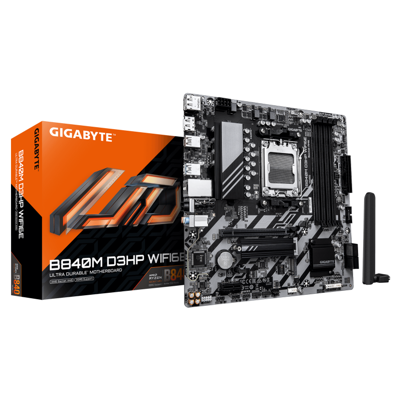 GIGABYTE B840M D3HP WIFI6E. Processor manufacturer: AMD, Processor socket: Socket AM5, Compatible processor series: AMD Ryzen 7000 Series, AMD Ryzen 8000 Series, AMD Ryzen 9000 Series. Supported memory types: DDR5-SDRAM, Maximum internal memory: 256 GB, M