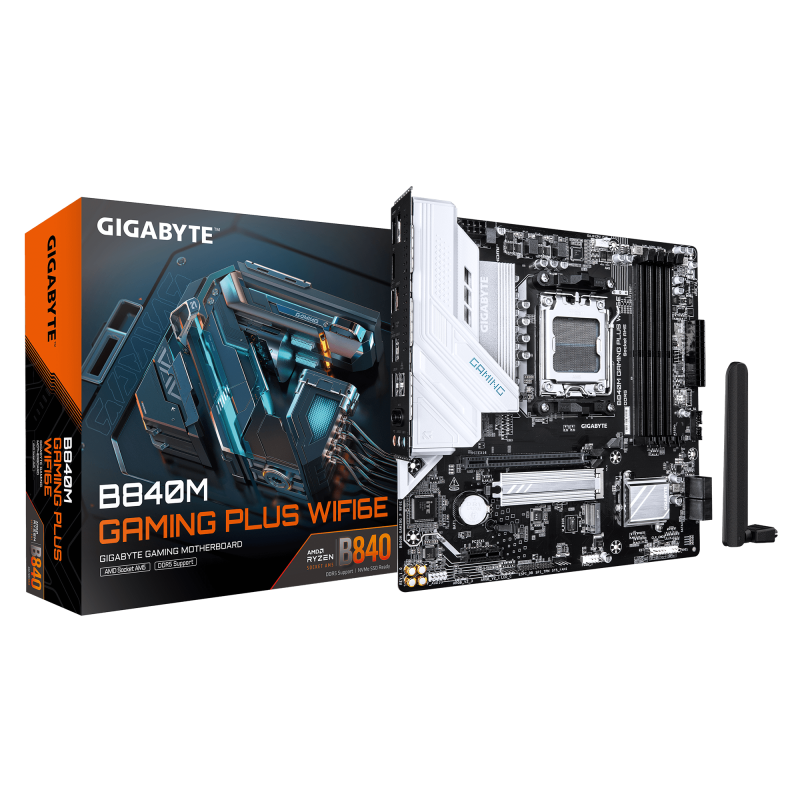 GIGABYTE B840M GAMING PLUS WIFI6E. Processor manufacturer: AMD, Processor socket: Socket AM5, Compatible processor series: AMD Ryzen  7000 Series, AMD Ryzen 8000 Series, AMD Ryzen 9000 Series. Supported memory types: DDR5-SDRAM, Maximum internal memory: 2