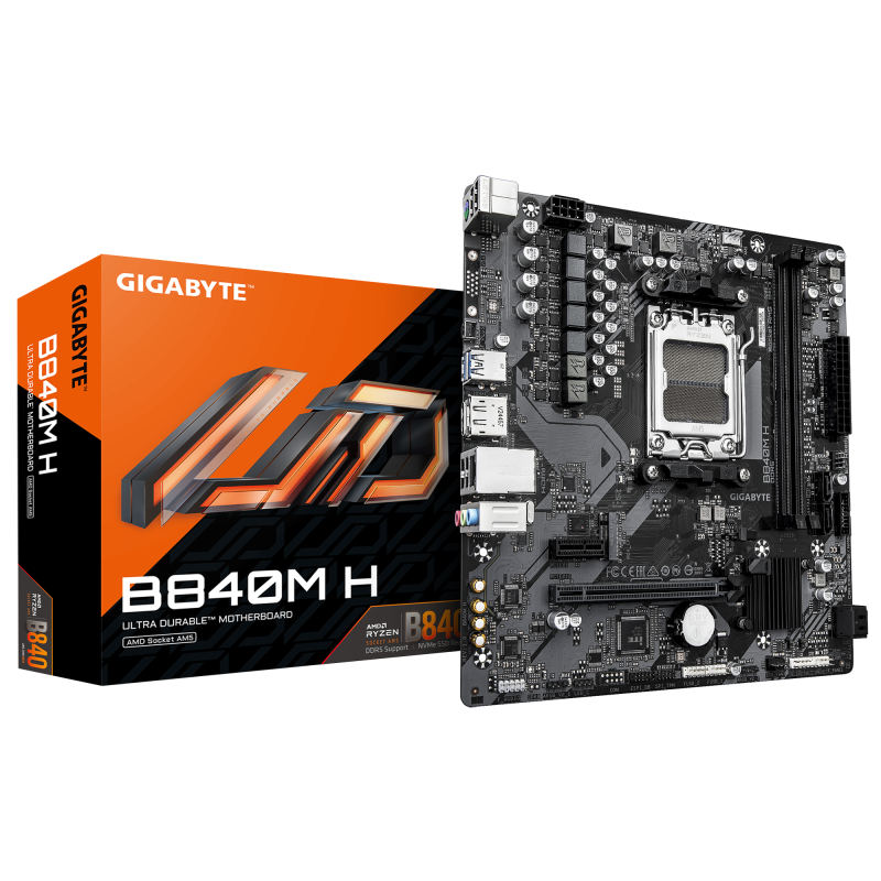 GIGABYTE B840M H. Processor manufacturer: AMD, Processor socket: Socket AM5, Compatible processor series: AMD Ryzen 7000 Series, AMD  Ryzen 8000 Series, AMD Ryzen 9000 Series. Supported memory types: DDR5-SDRAM, Maximum internal memory: 128 GB, Memory slo