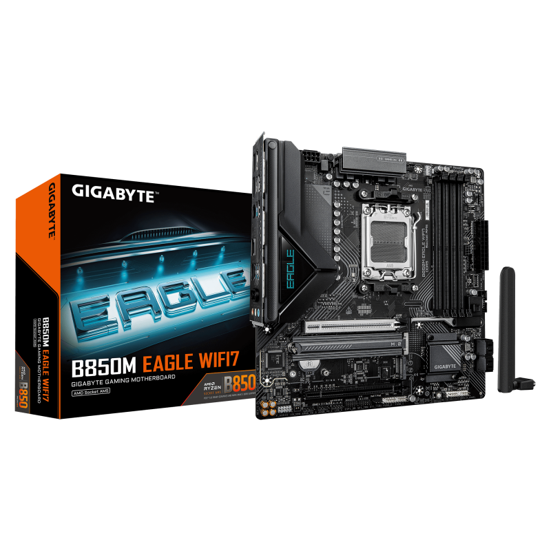 GIGABYTE B850M EAGLE WIFI7. Processor manufacturer: AMD, Processor socket: Socket AM5, Compatible processor series: AMD Ryzen 7000 Series, AMD Ryzen 8000 Series, AMD Ryzen 9000 Series. Supported memory types: DDR5-SDRAM, Maximum internal memory: 256 GB, M
