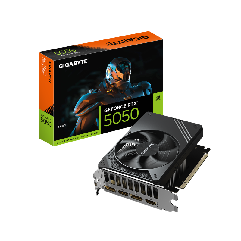 GIGABYTE GeForce RTX 5050 D6 8G. Graphics processor family: NVIDIA, Graphics processor: GeForce RTX 5050, Processor frequency: 2572 MHz. Discrete graphics card memory: 8 GB, Graphics card memory type: GDDR6, Memory bus: 128 bit, Memory clock speed: 20000 