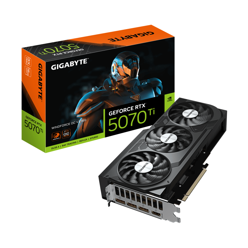 GIGABYTE GeForce RTX 5070 Ti WINDFORCE OC V2 16G. Graphics processor family: NVIDIA, Graphics processor: GeForce RTX 5070 Ti, Processor frequency: 2497 MHz. Discrete graphics card memory: 16 GB, Graphics card memory type: GDDR7, Memory bus: 256 bit, Memor