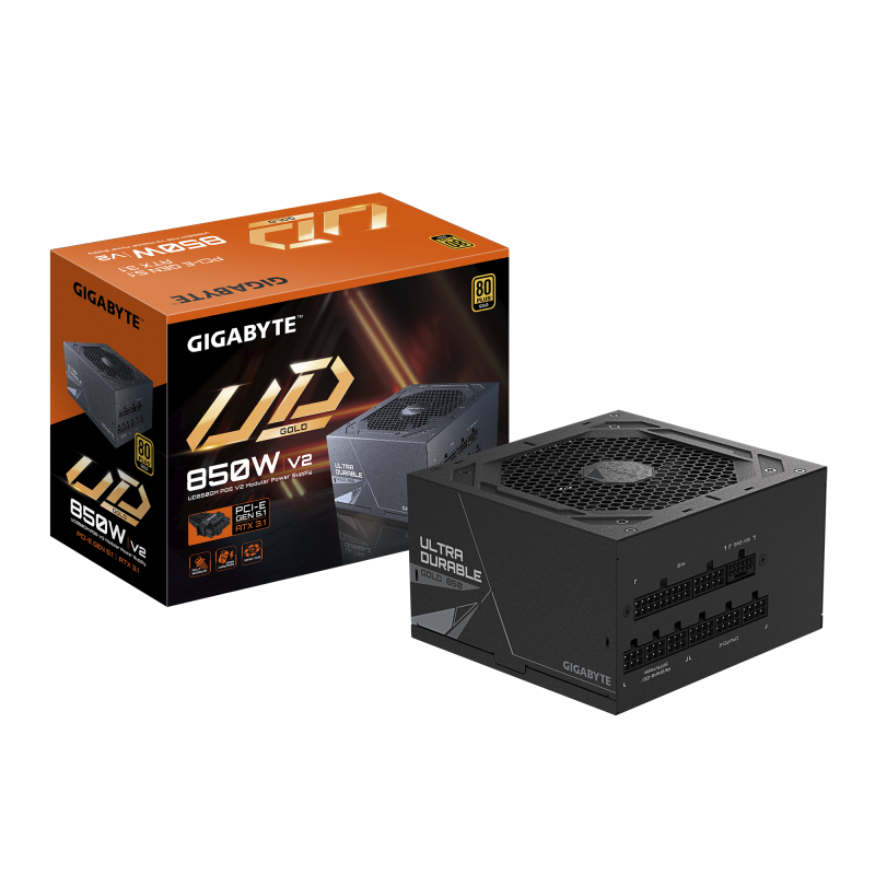 GIGABYTE UD850GM PG5 V2 Power Supply Unit- PCIe Gen 5.1, 80 PLUS Gold, Fully Modular Design, 120mm Fan, ATX 3.1 compatible, EU Plug.  Total power: 850 W, AC input voltage: 100 - 240 V, AC input frequency: 50/60 Hz. Motherboard power connector: 20+4 pin AT
