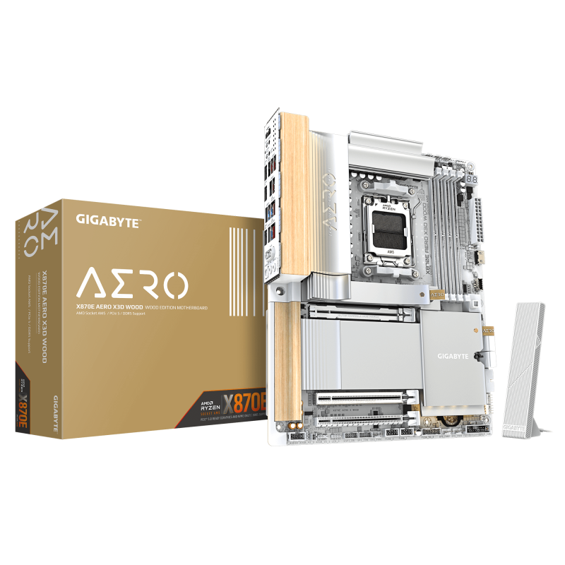 GIGABYTE X870E AERO X3D WOOD. Processor manufacturer: AMD, Processor socket: Socket AM5, Compatible processor series: AMD Ryzen 7000  Series, AMD Ryzen 8000 Series, AMD Ryzen 9000 Series. Supported memory types: DDR5-SDRAM, Maximum internal memory: 256 GB