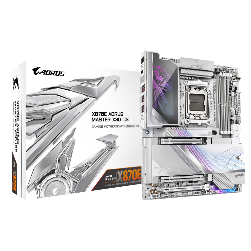 GIGABYTE X870E AORUS MASTER X3D ICE. Processor manufacturer: AMD, Processor socket: Socket AM5, Compatible processor series: AMD Ryzen 7000 Series, AMD Ryzen 8000 Series, AMD Ryzen 9000 Series. Supported memory types: DDR5-SDRAM, Maximum internal memory: 