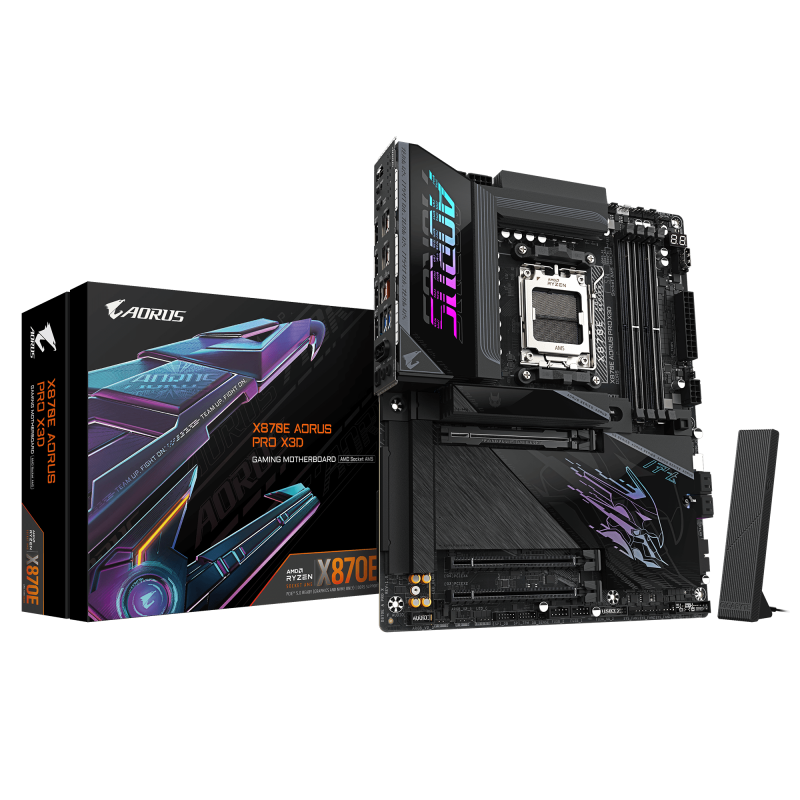 GIGABYTE X870E AORUS PRO X3D. Processor manufacturer: AMD, Processor socket: Socket AM5, Compatible processor series: AMD Ryzen 7000  Series, AMD Ryzen 8000 Series, AMD Ryzen 9000 Series. Supported memory types: DDR5-SDRAM, Maximum internal memory: 256 GB