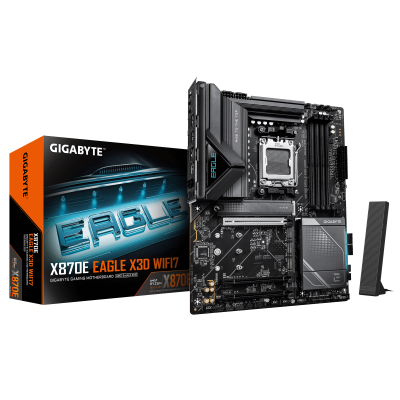 GIGABYTE X870E EAGLE X3D WIFI7. Processor manufacturer: AMD, Processor socket: Socket AM5, Compatible processor series: AMD Ryzen 7000 Series, AMD Ryzen 8000 Series, AMD Ryzen 9000 Series. Supported memory types: DDR5-SDRAM, Maximum internal memory: 256 G