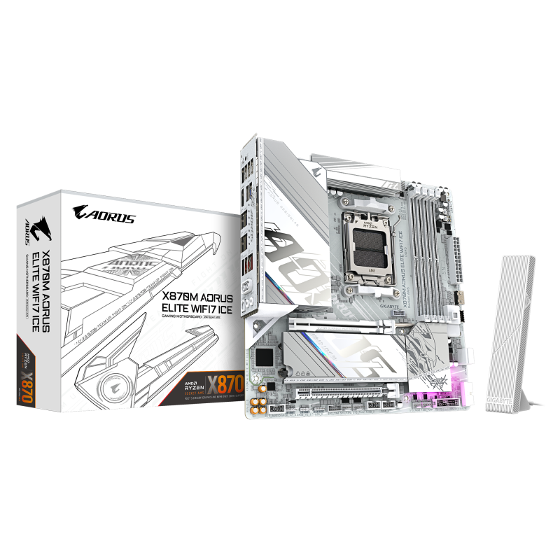 GIGABYTE X870M AORUS ELITE WIFI7 ICE. Processor manufacturer: AMD, Processor socket: Socket AM5, Compatible processor series: AMD Ryzen 7000 Series, AMD Ryzen 8000 Series, AMD Ryzen 9000 Series. Supported memory types: DDR5-SDRAM, Maximum internal memory: