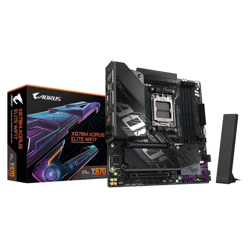 GIGABYTE X870M AORUS ELITE WIFI7. Processor manufacturer: AMD, Processor socket: Socket AM5, Compatible processor series: AMD Ryzen 7000 Series, AMD Ryzen 8000 Series, AMD Ryzen 9000 Series. Supported memory types: DDR5-SDRAM, Maximum internal memory: 256