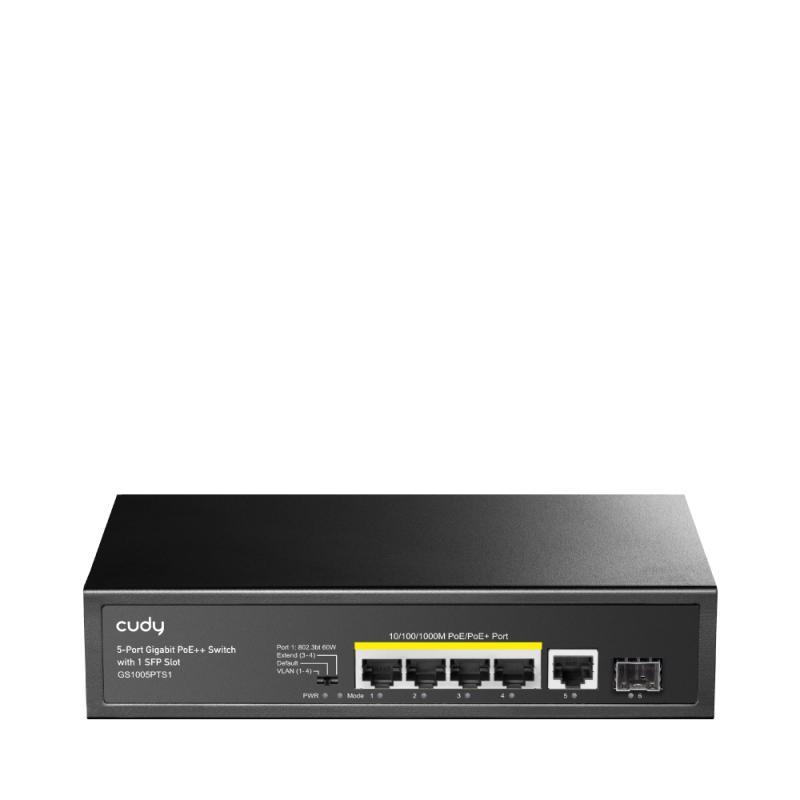 CUDY 5-Port 10/100/1000M PoE+ Switch 120W, 4-Port 10/100/1000M PoE+ ports, 60 watts for port #1, 802.3at/af, VLAN ON/OFF, Extend ON/OFF, Watchdog ON/OFF， Fanless, ±4KV Surge Protection,Watchdog, 120W Internal Power Supply