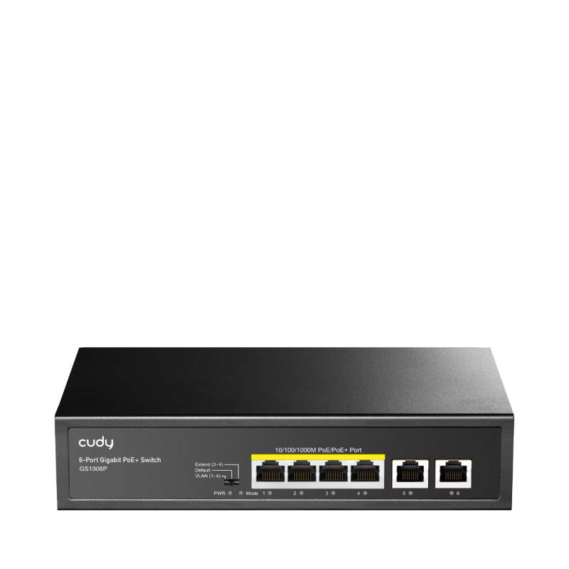 CUDY 6-Port 10/100/1000M PoE+ Switch, 4-Port 10/100/1000 BASE-T Gigabit PoE+ ports, 2-Port 10/100/1000 BASE-T Gigabit Uplink ports,  802.3at/af, VLAN mode support for port #1 ~ #4, Extend mode support for port #3 ~ # 4, Fanless, ±4KV Surge Protection,Watc