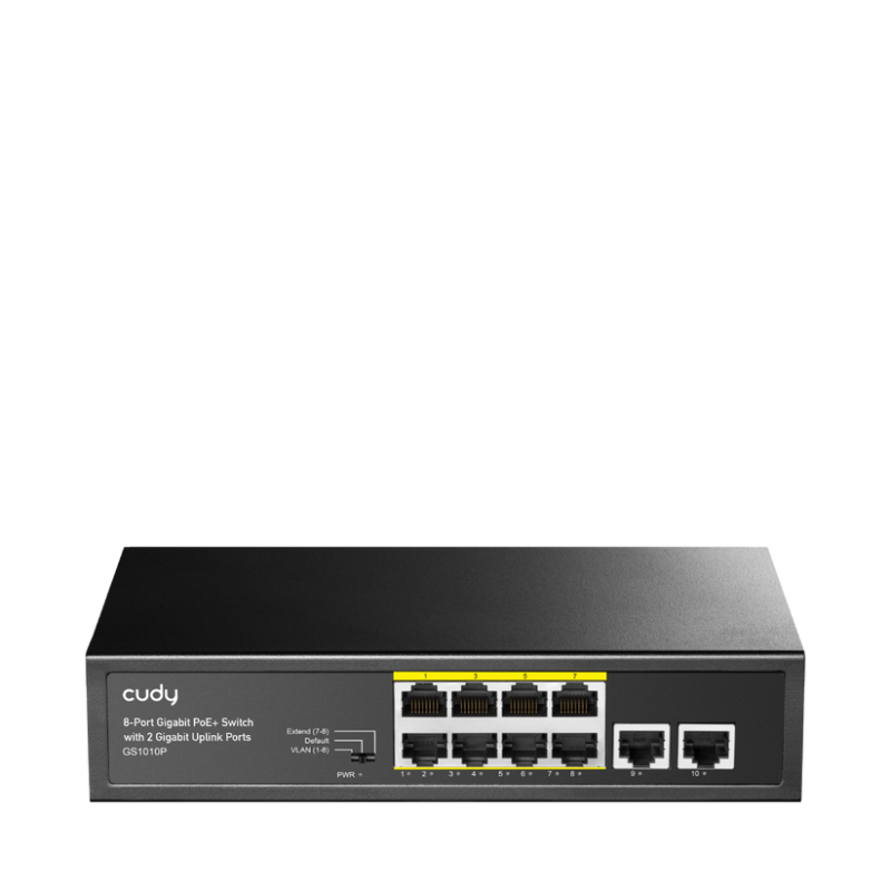 CUDY Switch Unmanaged PoE+, 8x porturi RJ-45 10/100/1000M PSE +2x porturi RJ45 10/100/1000 Uplink, VLAN ON/OFF, Extend ON/OFF, Watchdog ON/OFF，,standard 802.3af/at, Aternative 1/2(+),3/6(-), Rack-mountable Steel Case, sursa interna de 120W