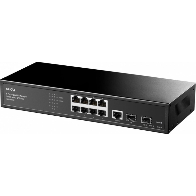 CUDY Switch Managed 8-Port Layer 2 10/100/1000M, 8x porturi Gigabit Ethernet + 2x porturi Gigabit SFP + 1 port management, backplane bandwidth 20Gbps, suporta dial-up VLAN, extensie 250 metri, functie Layer 2 network management, suport routare, DHCP, VLAN